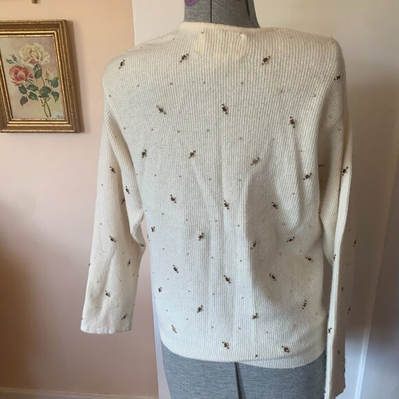 VTG Cardigan Sz M Ivory Lambs Wool Angora Blend Beaded Comfy Cozy Grandmacore - Picture 3 of 5